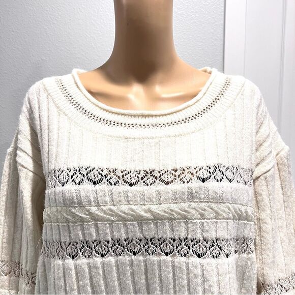 Zara Womens Sweater Ivory Pullover Lace Striped Long Sleeve Round Neck Size M - Picture 3 of 7